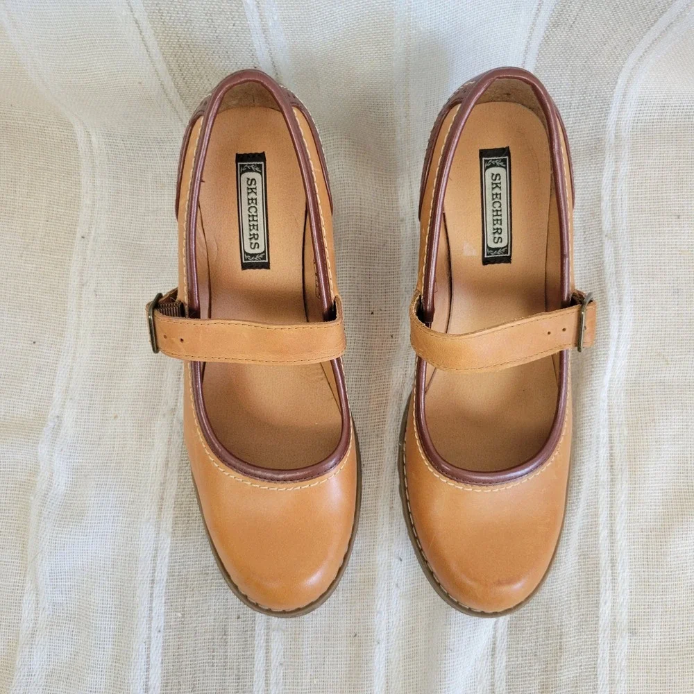 Retro Skechers Leather Heeled Mary Janes Shoes Tan Size 8.5